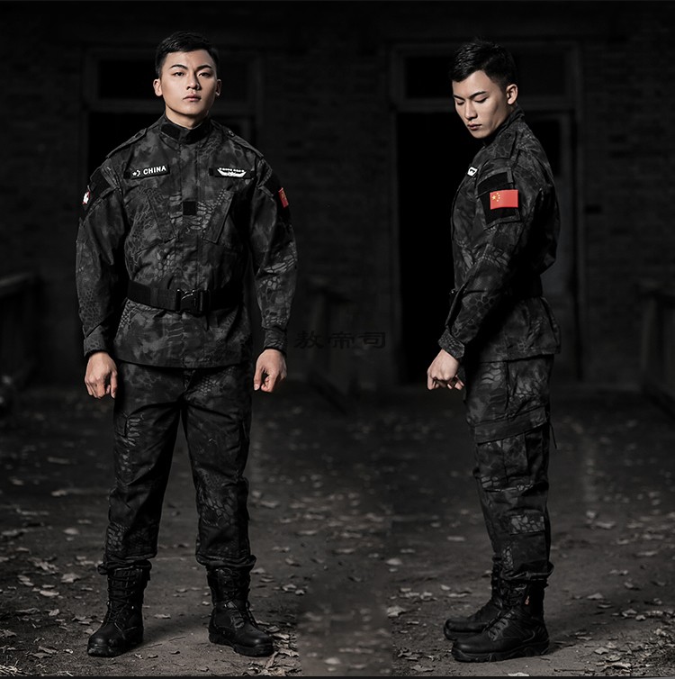 战术迷彩服套装男春秋军迷蟒纹作训服耐磨cs野战作战服 黑色蟒纹(送