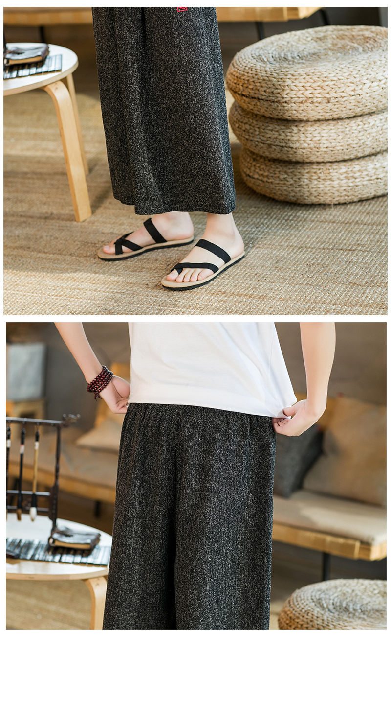 夏季男士冰丝七分裤休闲宽松薄款中国风大码灯笼裤阔腿萝卜沙滩裤黑色