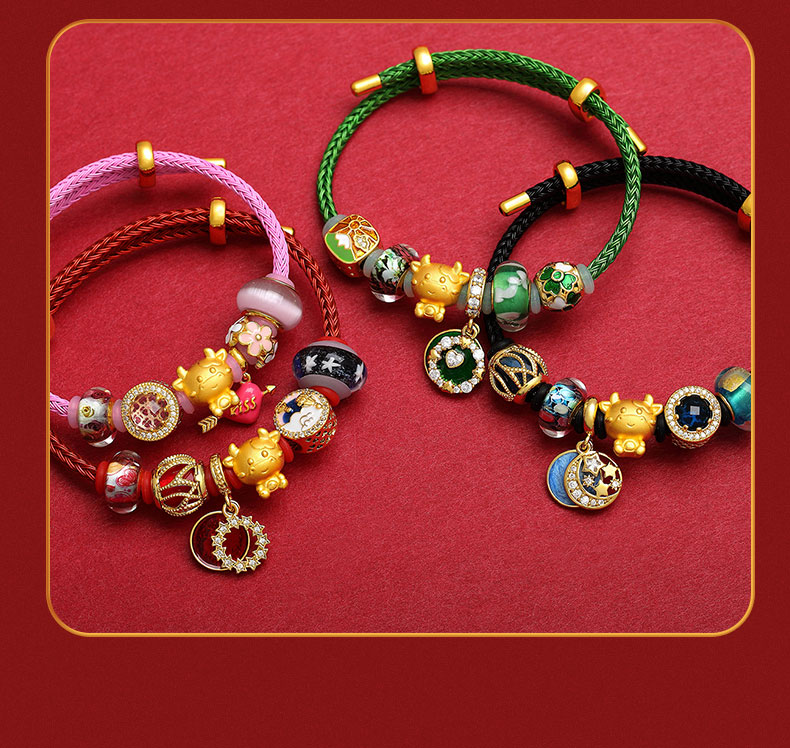 黄金生肖牛转运珠金牛手链女红绳牛年本命年礼物属牛足金手绳串珠足金