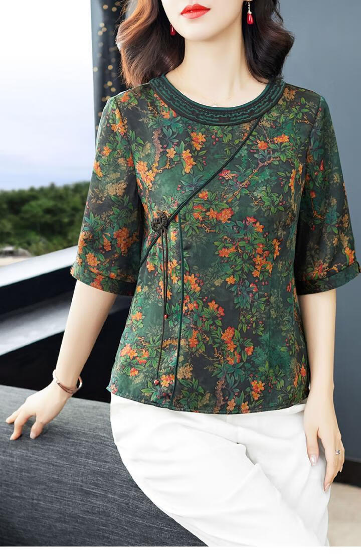 真丝香云纱短款上衣夏桑蚕丝衬衫女中袖宽松绿色小衫宽松 绿花 4xl