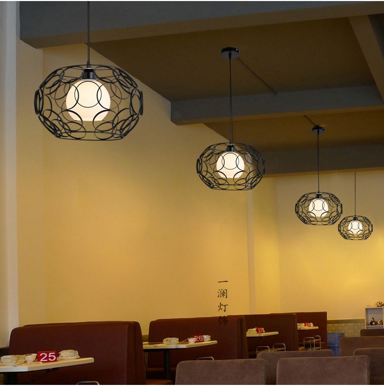 餐厅吊灯三头创意个性网吧咖啡西餐厅铁艺单头吊灯具 黑色小西瓜吊灯