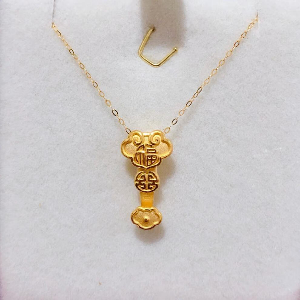 老凤凰足金999足金福牌如意黄金小吊坠3d硬金儿童套链送妈妈金项链 约