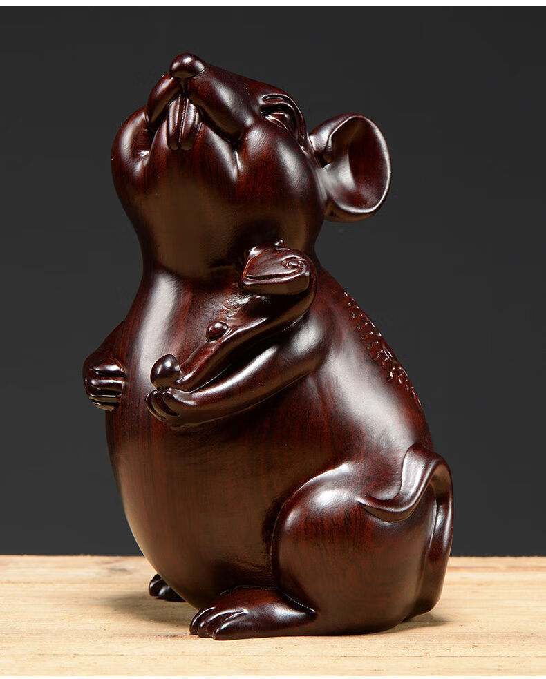 唐砖黑檀木雕刻老鼠摆件实木十二生肖鼠客厅玄关装饰创意家居饰品礼品