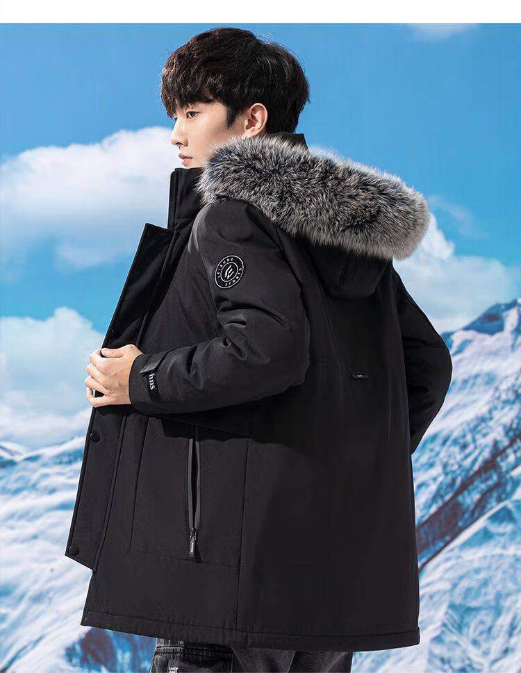 新款鹅绒羽绒服男可脱卸大毛领加厚中长款保暖外衣外套男冬季青 灰色