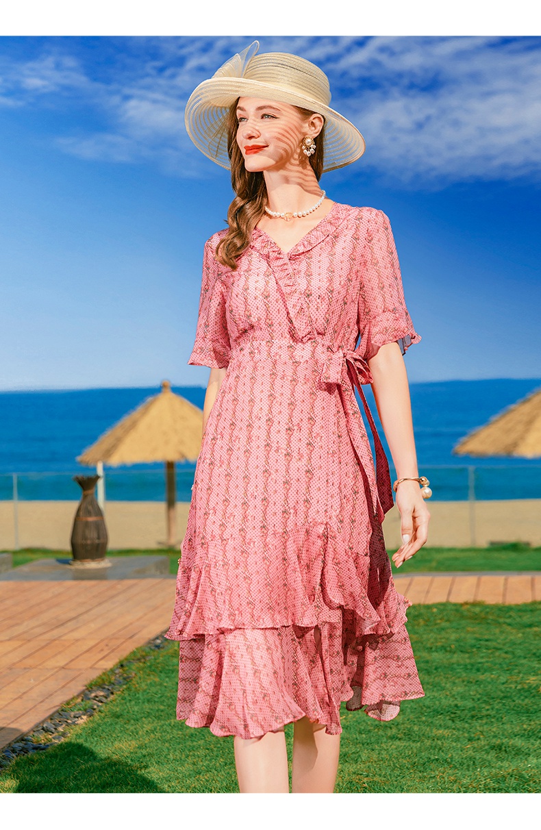 欧黎蔓粉色印花重磅桑蚕丝连衣裙女2022夏季新款法式茶歇真丝a字裙