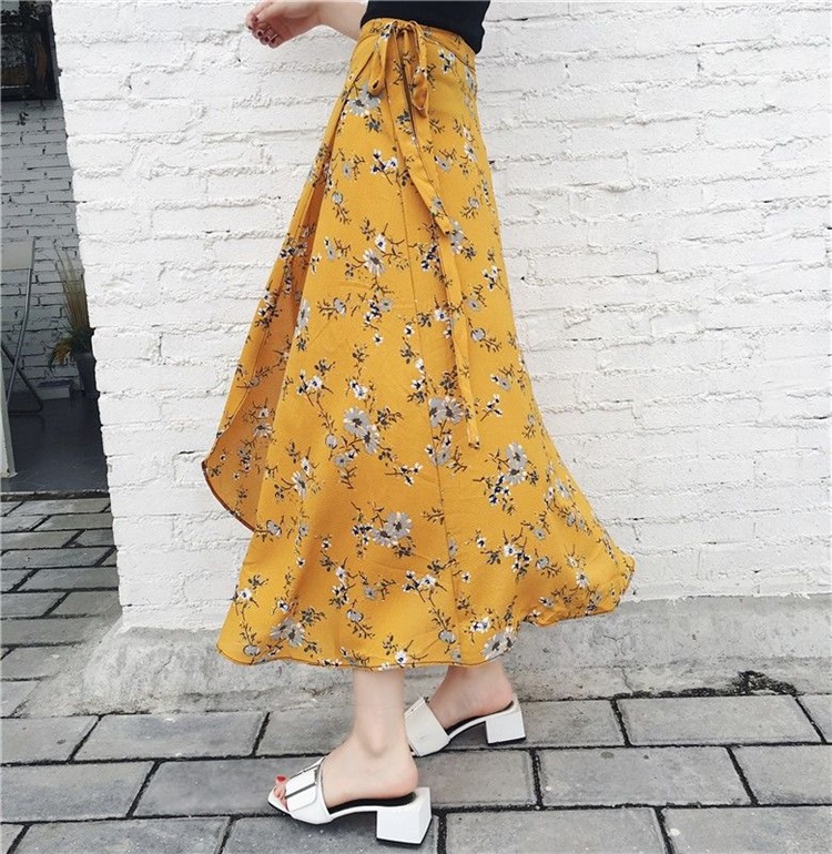 拉夏贝尔homme一片式绑带半身裙女夏春秋新款不规则雪纺中长款碎花