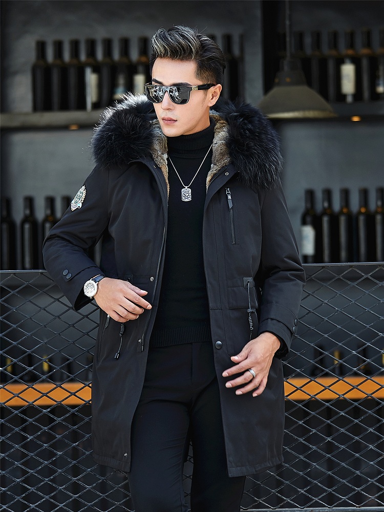 男装海宁男士派克服大衣皮毛一体皮衣真皮皮草外套中长款连帽貂绒内胆