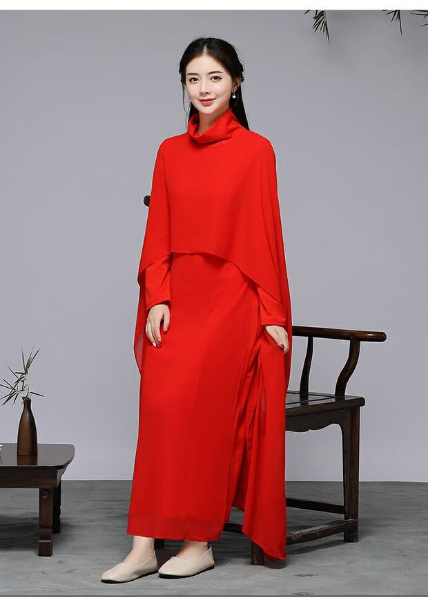民族风中式女装禅意春秋新款复古旗袍上衣长袍修身高领连衣裙 红色 m