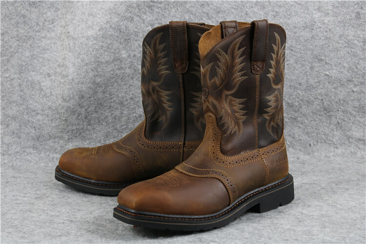 骑马靴男内蒙古西部牛仔靴钢头复古靴方头工作牛皮中筒防水牛仔靴马靴