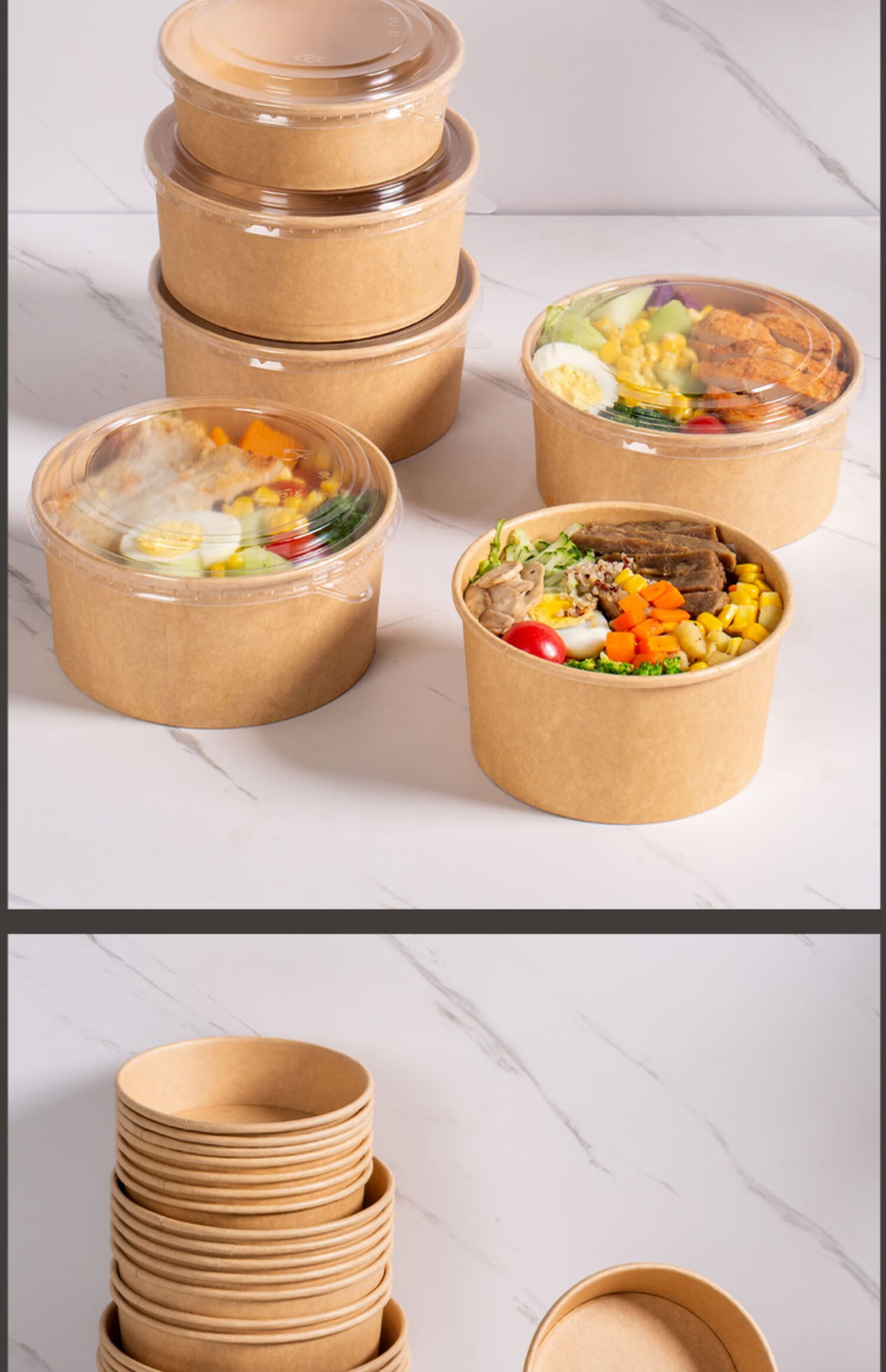优凡优品 一次性牛皮纸碗圆形水果沙拉碗打包盒加厚餐盒带盖卤肉饭