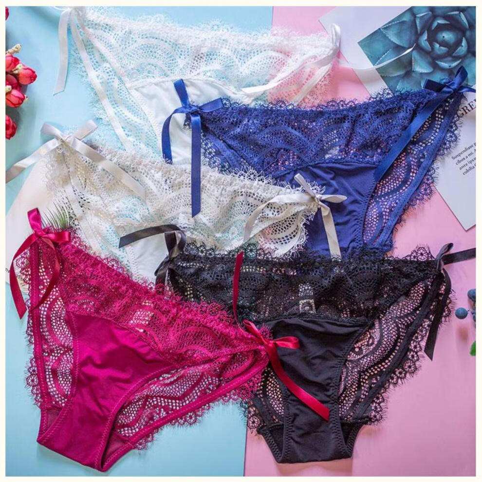 女士内裤性感低腰绑带透明蕾丝内裤纯棉裆三角裤网纱丁字裤女 酒红 m