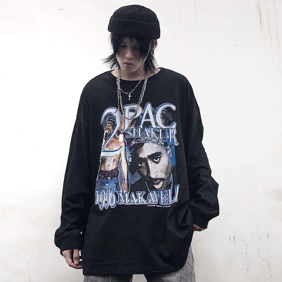欧美西海岸rap说唱歌手2pac人物印花暗黑风宽松开叉长袖