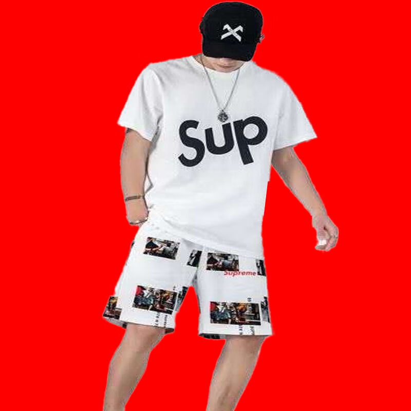 潮牌supreme联名同款song联名经典潮流大印花sup纯棉短袖t恤男女白色s