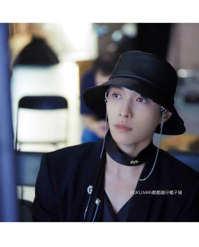 张艺兴同款pu皮质渔夫帽子黑色链条嘻哈潮人街舞男女百搭遮 黑色 s(54