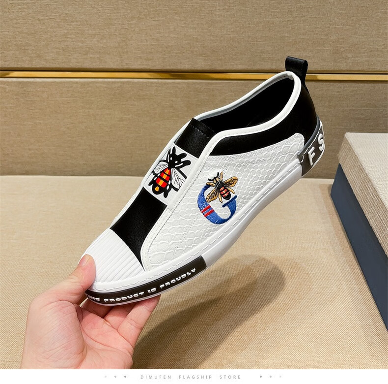 沙弛弗酷奇男鞋欧洲站高版本小蜜蜂休闲皮鞋男士板鞋一脚蹬透气乐福鞋