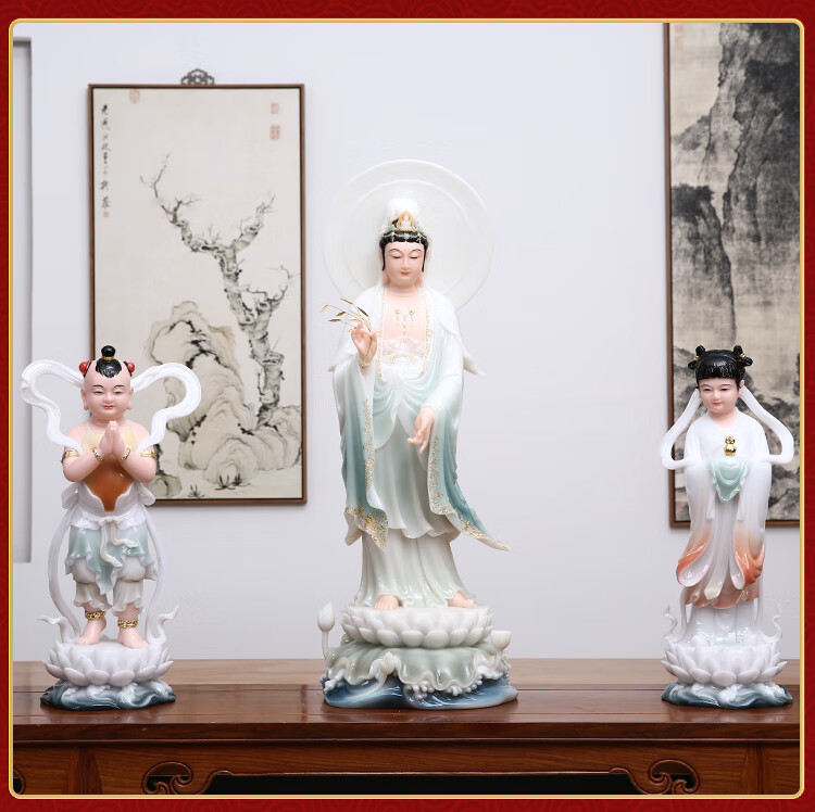 汉白玉观音菩萨站像南海观世音菩萨金童玉女善财龙女护法佛具摆件观音