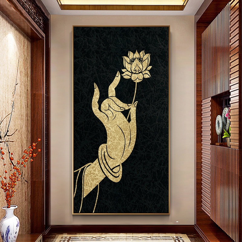 皓涛东南亚风格佛手莲花抽象画新中式玄关装饰画竖版过道壁画走廊挂画