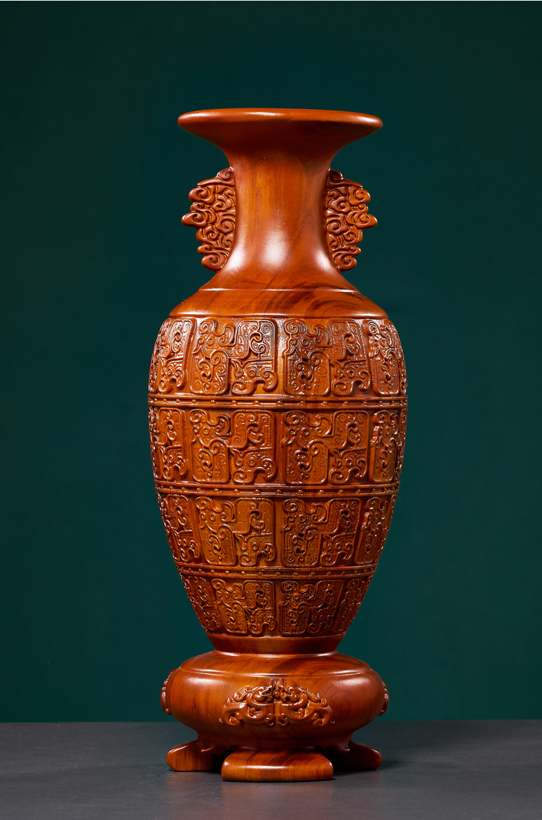 唐砖花梨木雕汉式花瓶摆件实木底座可插花礼工艺品红木家居客厅装饰
