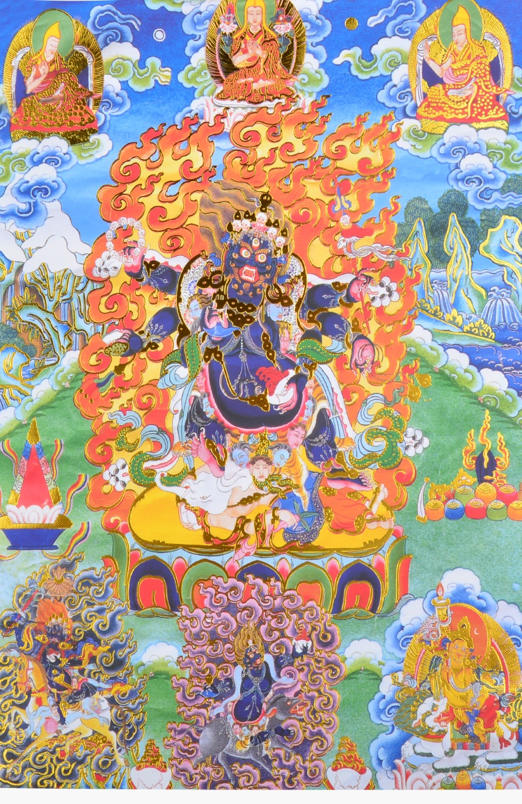 欧映六臂马哈拉嘎唐卡画像客厅玄关西藏式密宗佛像挂画小号36cm