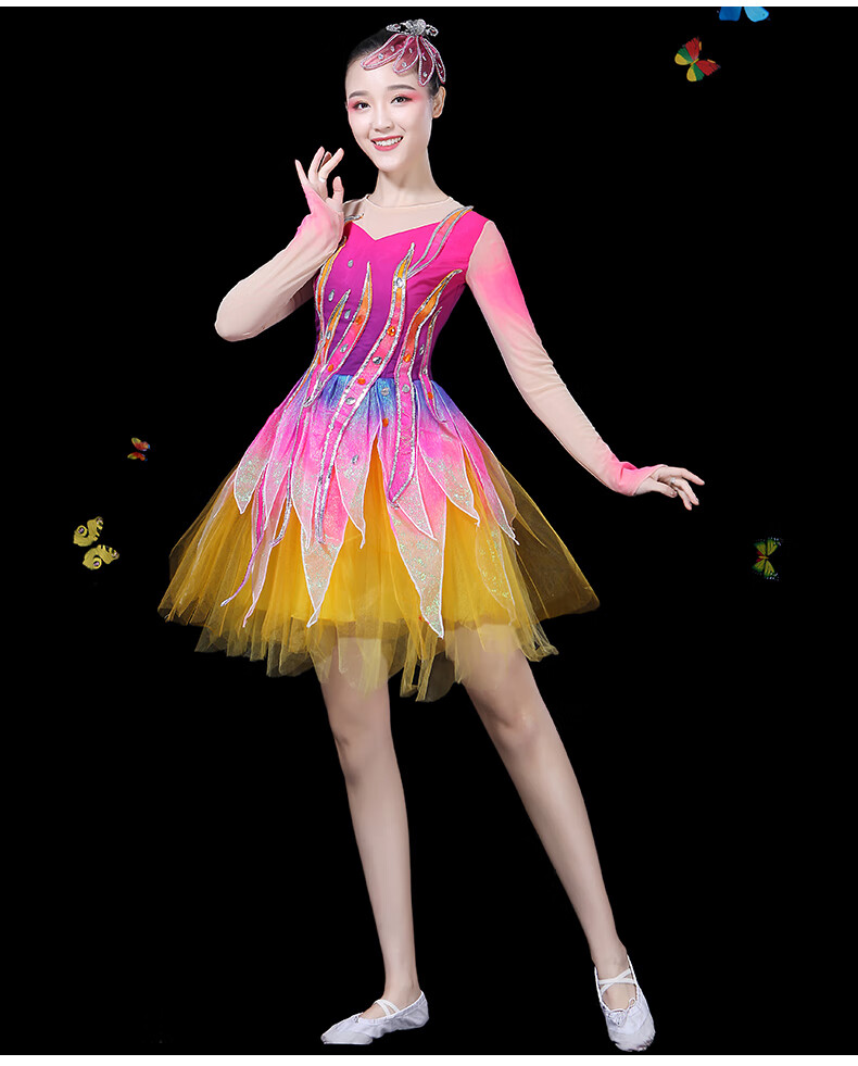 现代舞蹈服装短裙新款青大合唱演出服蓬蓬裙成人时尚广场开场舞 黄