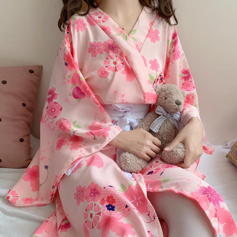 日系软妹甜美可爱粉色樱花和服蝴蝶结腰封可外穿家居服两件套女秋网红