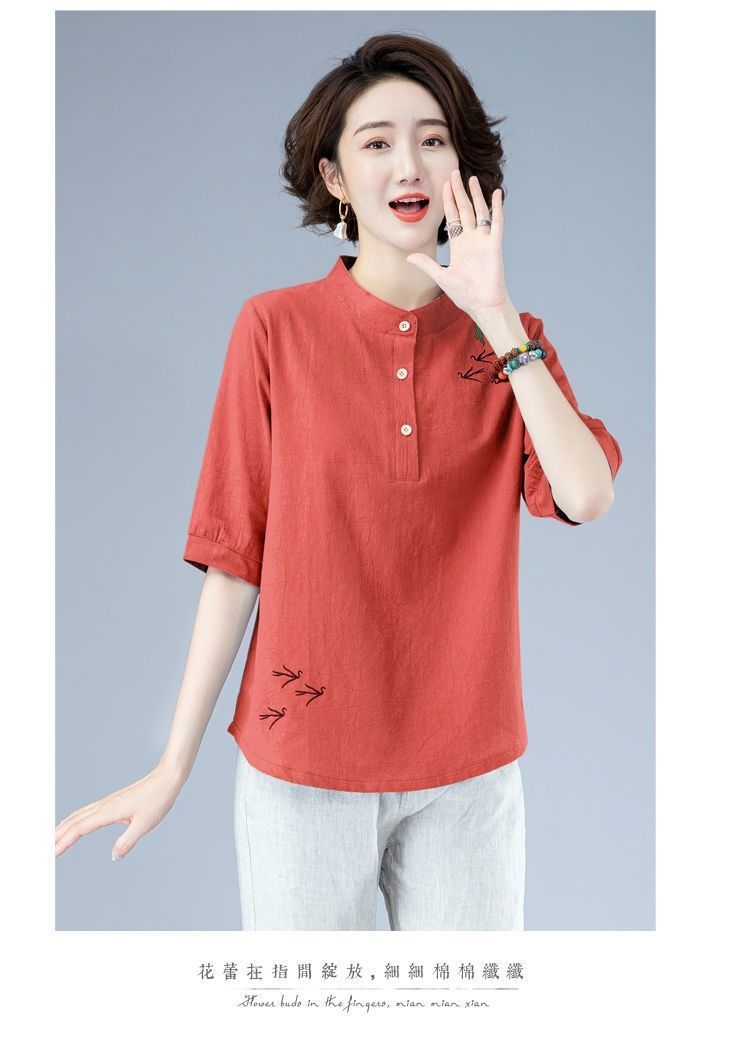 中老年女装夏洋气棉麻上衣女短袖衬衫夏季显瘦绣花中年宽松半袖恤粉红