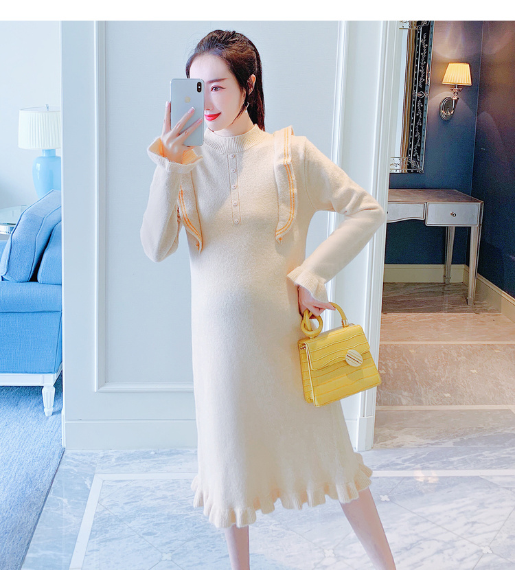 孕妇针织连衣裙秋冬孕妇连衣裙宽松针织木耳边针织毛衣裙潮妈裙子孕妇