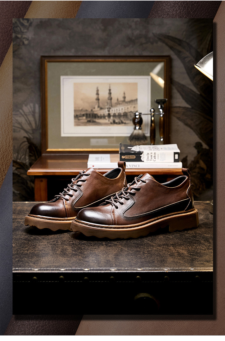 skapvry新款复古英伦休闲皮鞋男厚底男士低帮商务正装鞋头层牛皮男鞋
