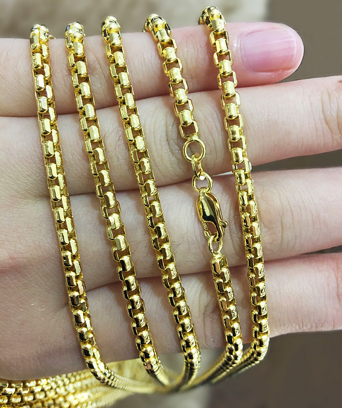 5mm18k金项链男款加粗加长au750黄金空心圆盒子链玫瑰金素链生日七夕