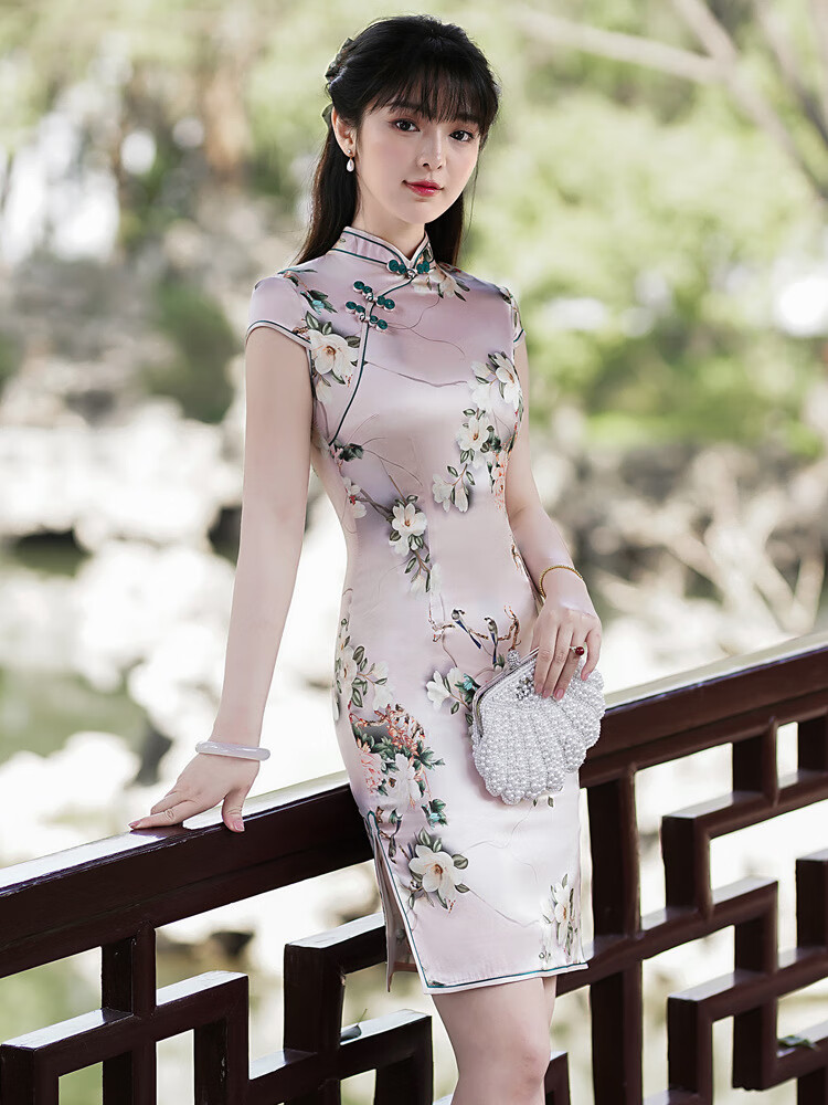 南极人官网新品商场同款旗袍女2022夏季新款高端短款真丝旗袍年轻款