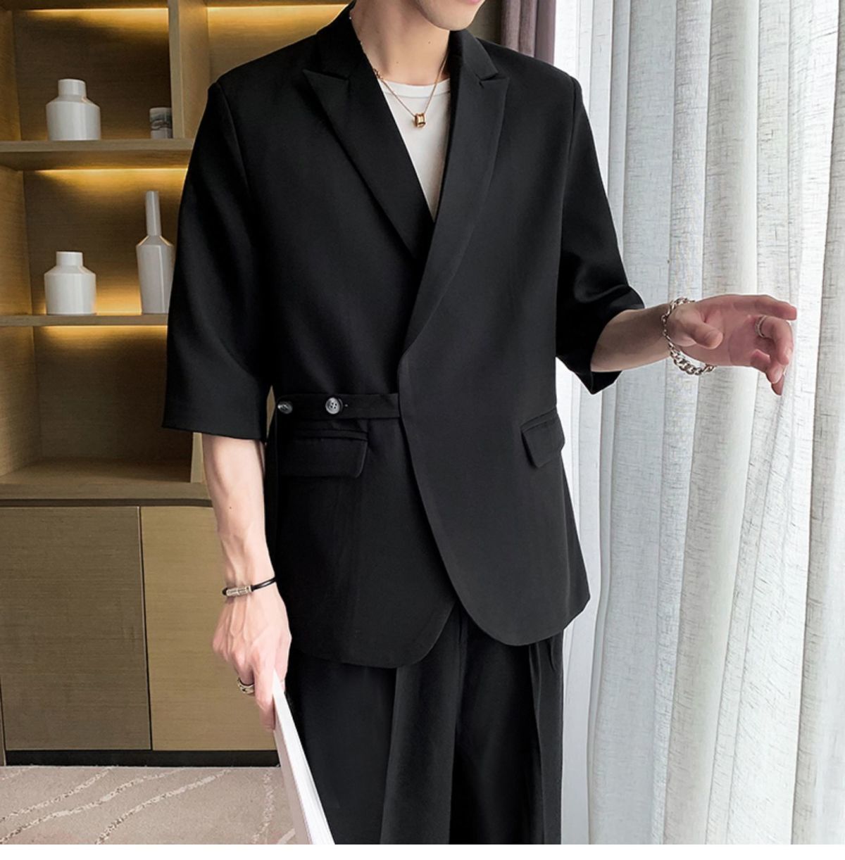 男士夏天上班面试穿的正装套装薄款夏季垂感时尚宽松型新款帅气西装男