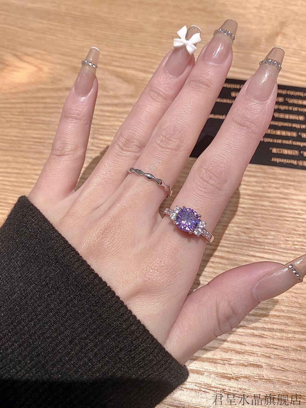 &君呈& 紫钻戒指甜酷紫钻镶嵌宝石超闪辣妹个性气质开口可调节戒指