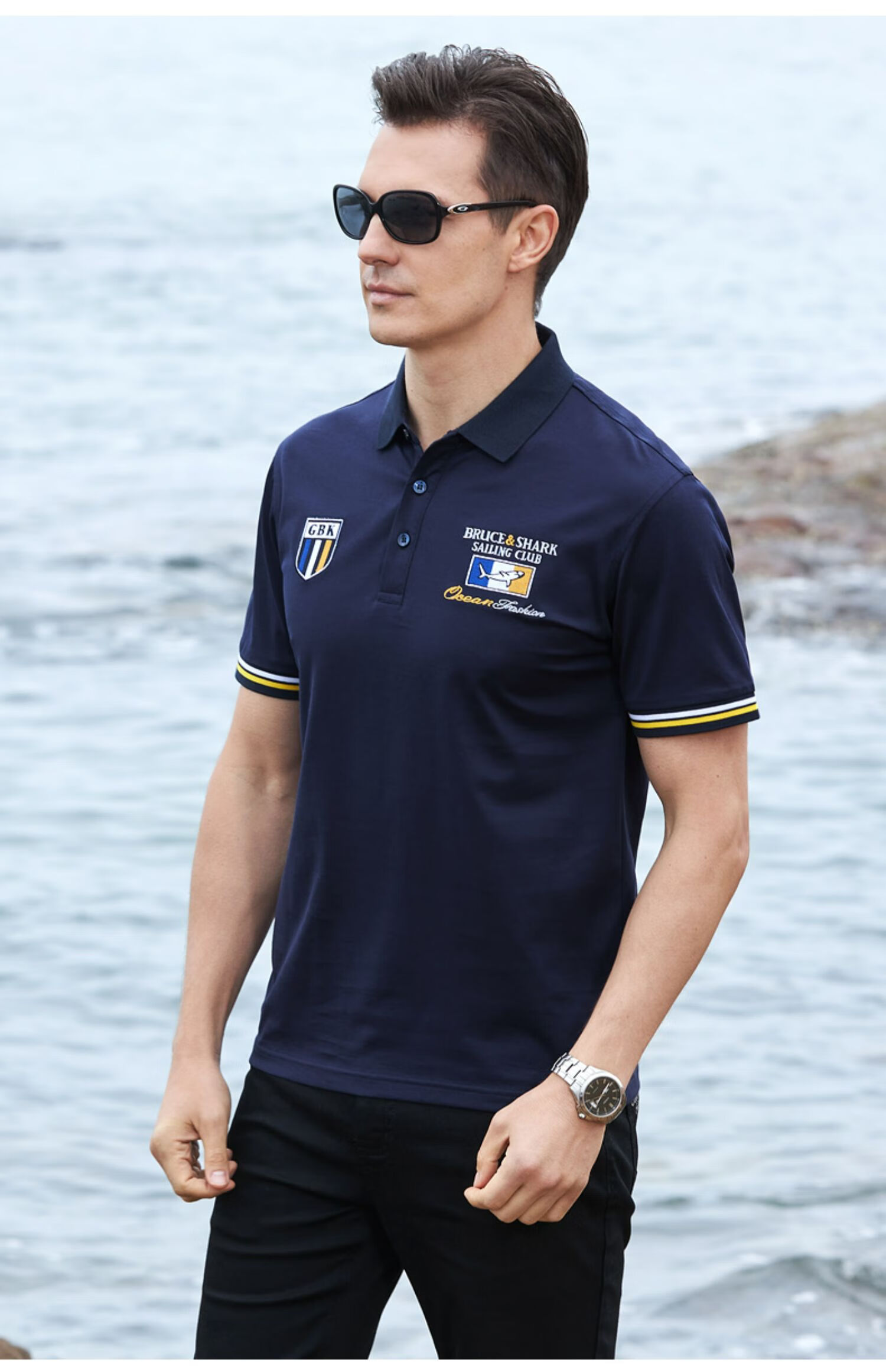 2022夏季新款鲨鱼polo衫男薄丝光棉体恤男士纯棉短袖保罗衫 黑色 s