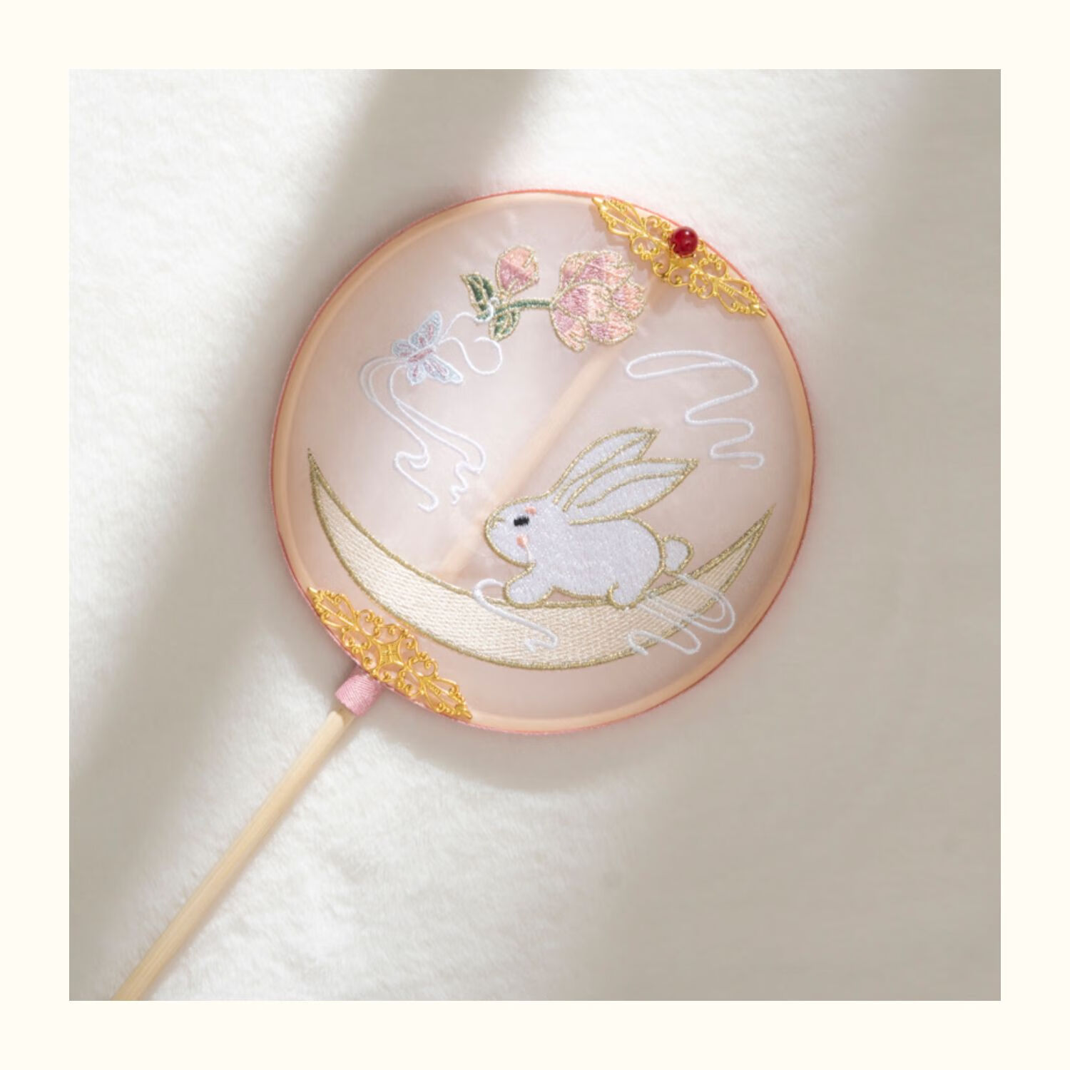 手工团扇刺绣古风长柄女童汉服配饰扇子宫廷古典扇拍摄道具舞蹈 珍珠