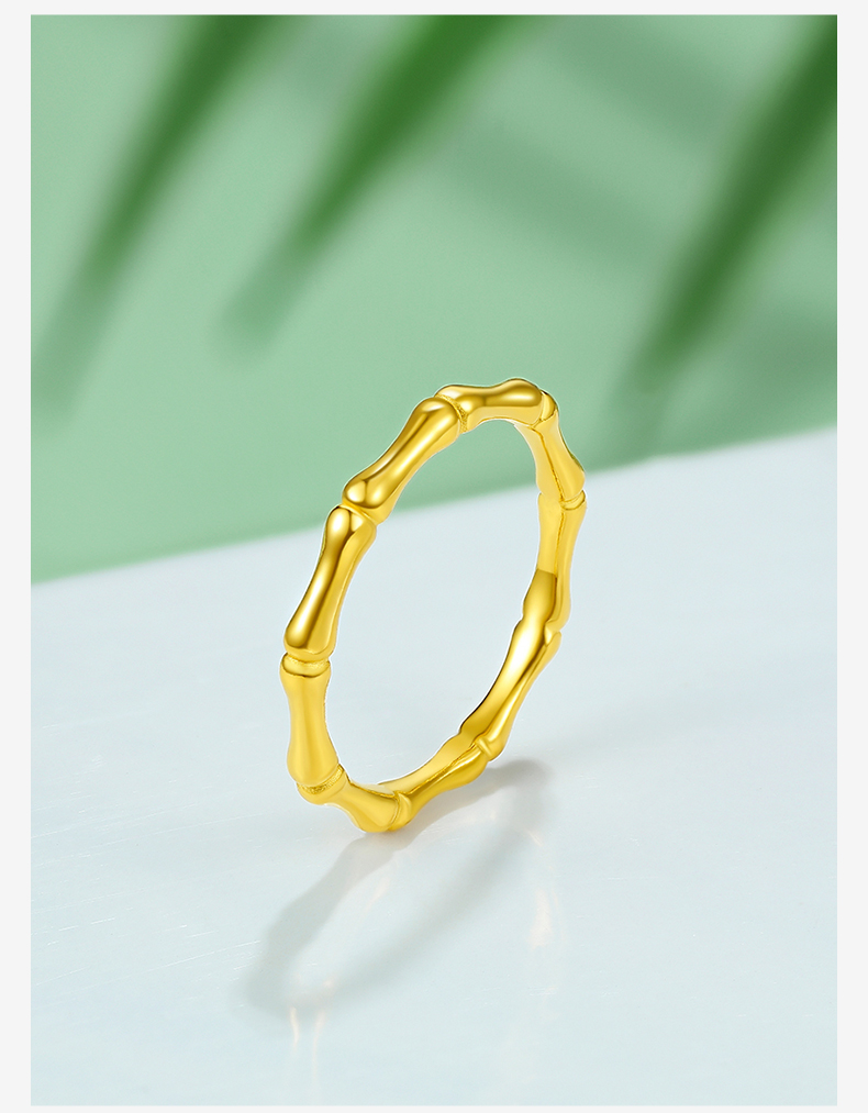 999足金竹节黄金戒指女金节节高升光面指环细款素圈情侣对戒 10号 竹