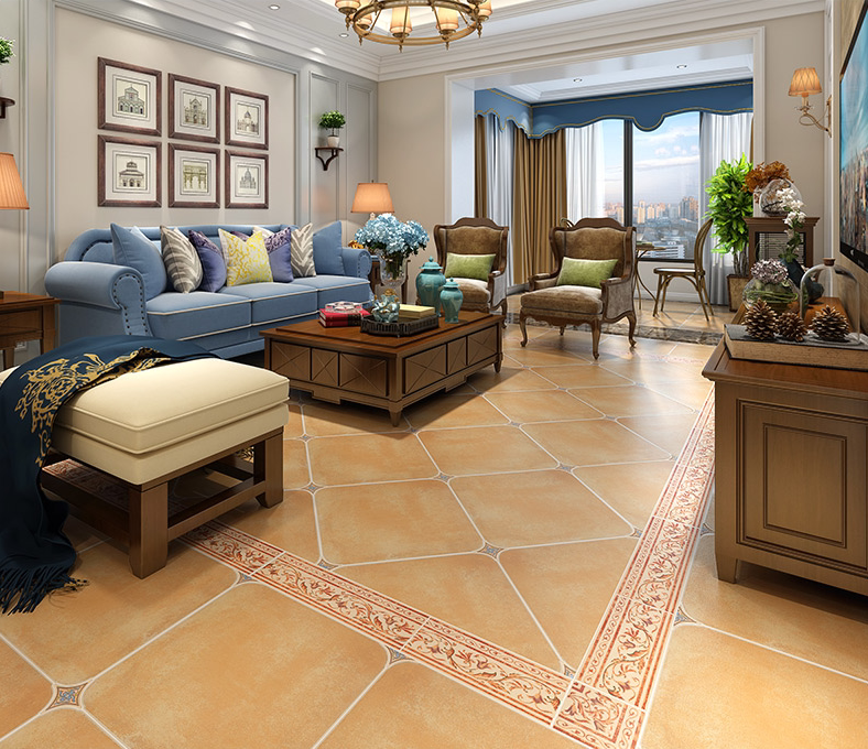 复古田园瓷砖600x600地砖美式哑光暖色自带角花滑地板砖美式角花地砖