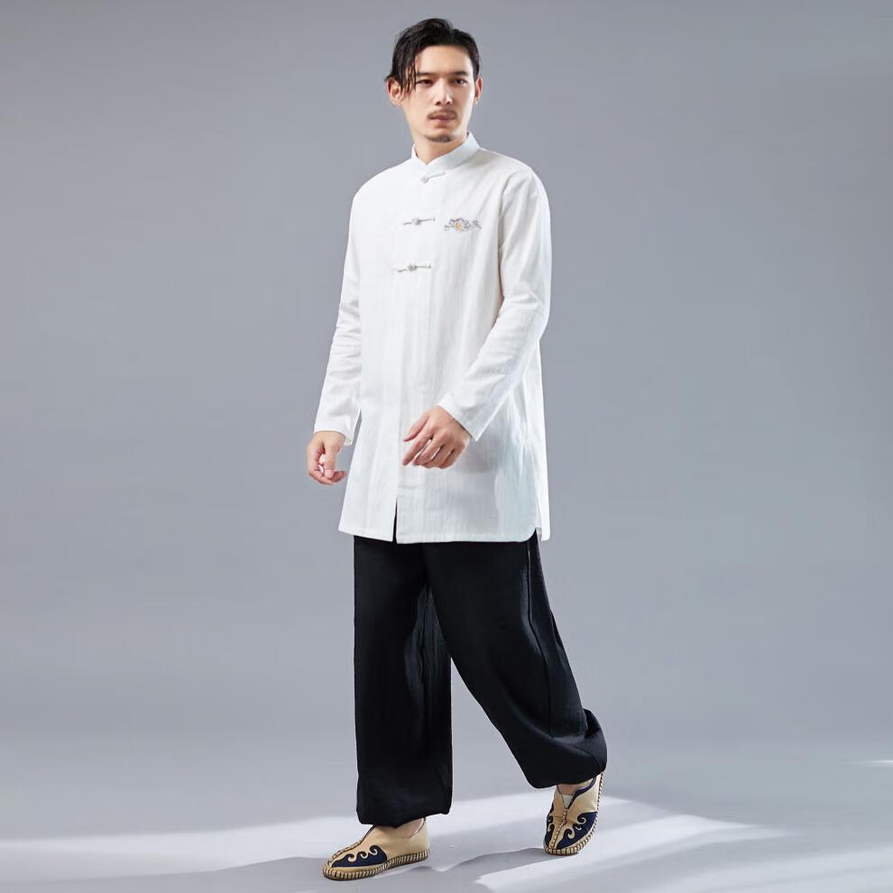 新中式服装男装秋季复古中国风男式盘扣立领衬衫刺绣中长款白色m