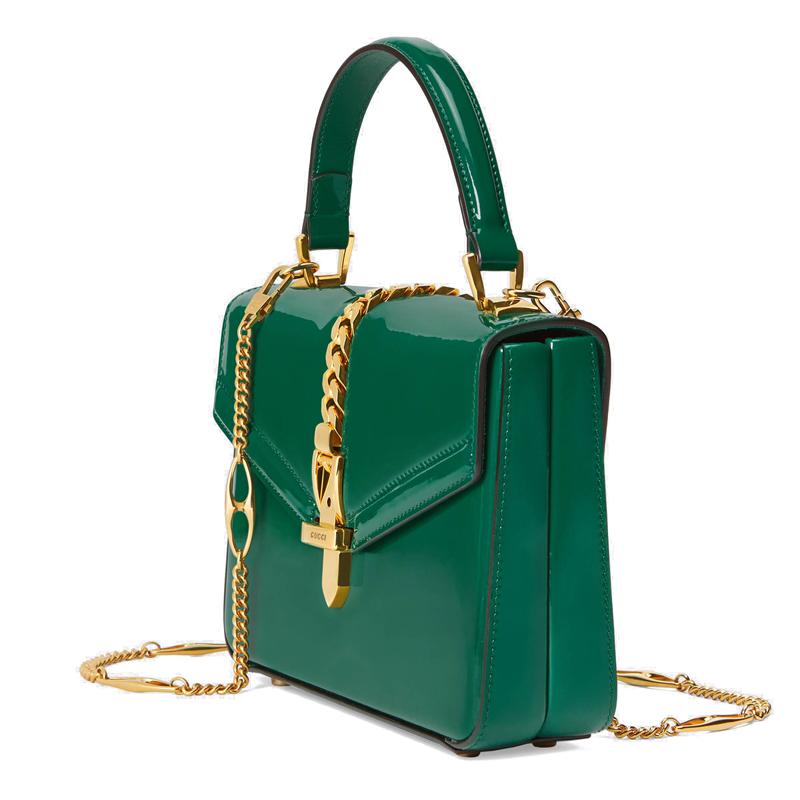 gucci古驰/早春新款sylvie1969系列女士绿色迷你漆皮链条装饰单肩手提