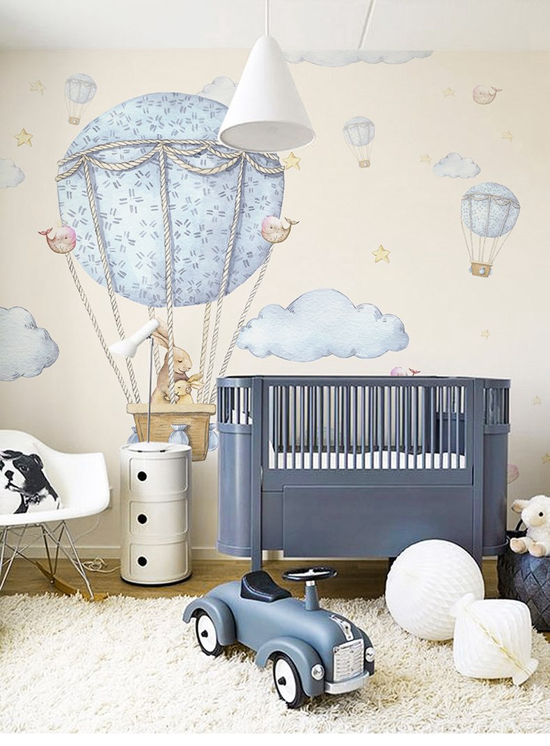 卡通儿童房壁纸女孩卧室房间墙纸公主房云朵热气球3d兔子壁画墙布拼接