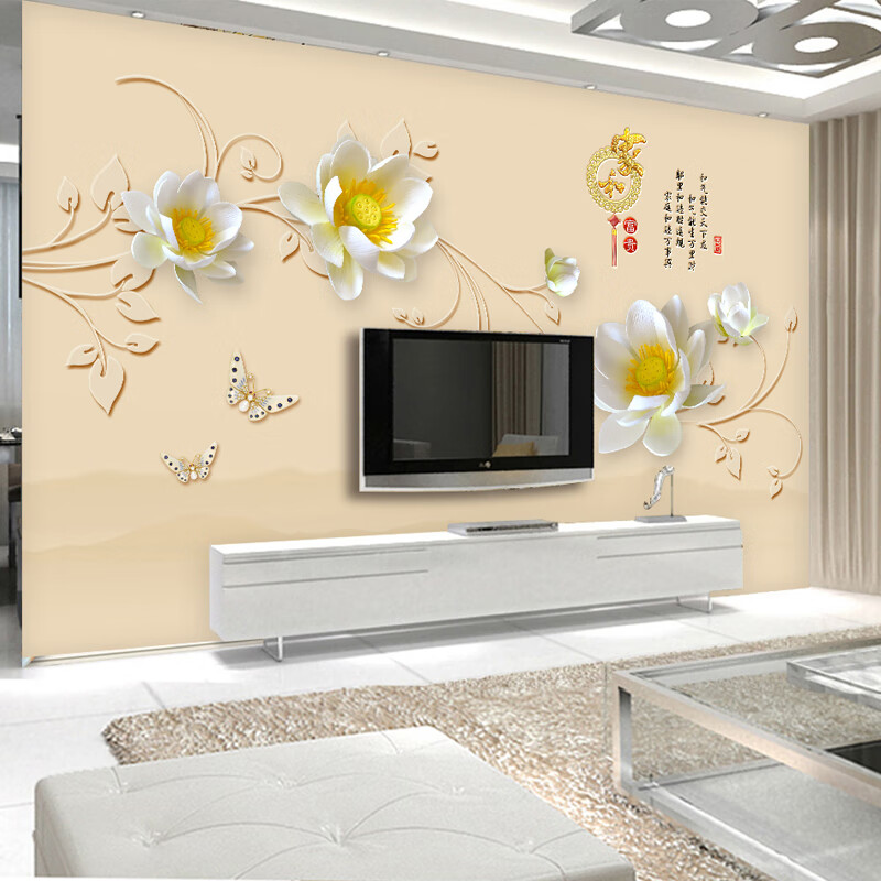 5d电视背景墙壁纸现代简约客厅壁画3d立体花卉影视墙 无缝墙布 18d