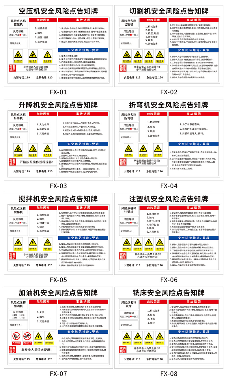 宏爵安全風險點告知牌工廠車間崗位空壓機銑床磨床鋸床車床叉車配電房