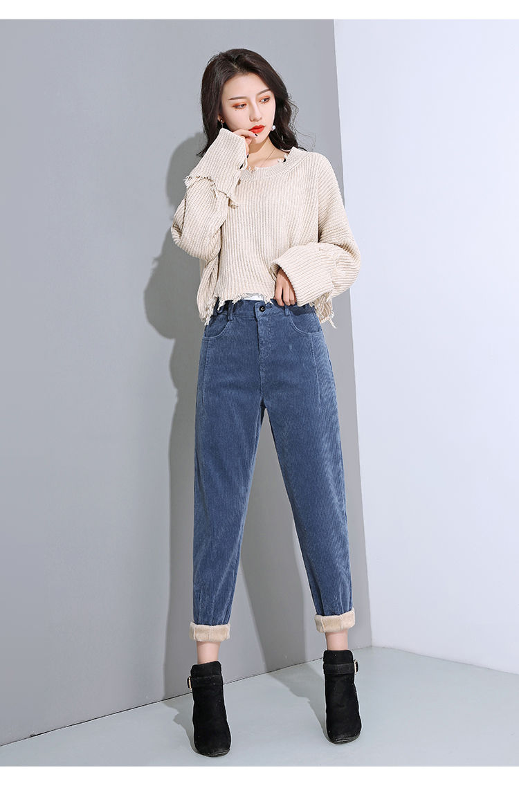 秋季老爹裤女裤宽松条绒哈伦裤高腰松紧腰萝卜裤灯芯绒新款休闲裤 深