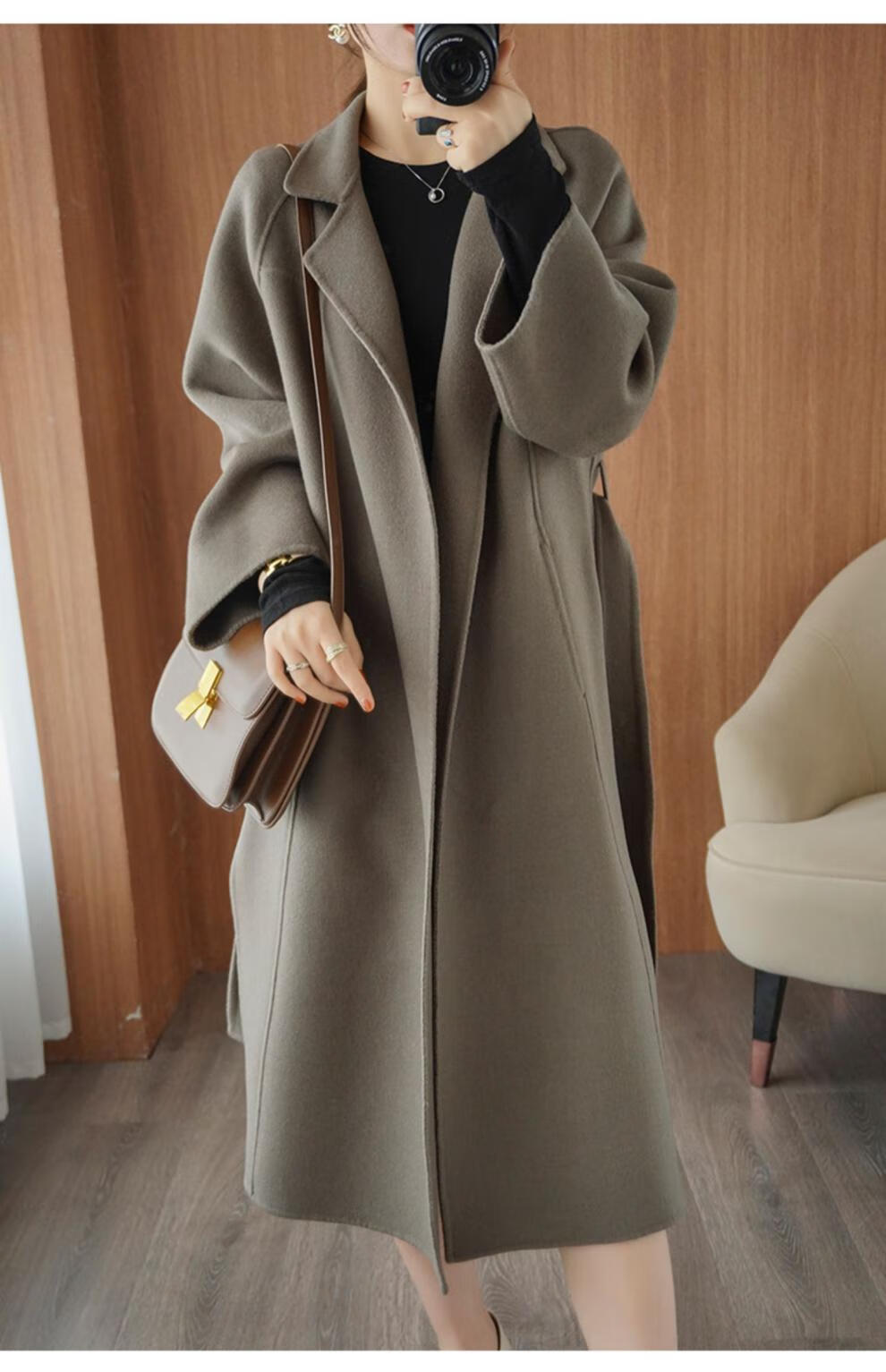 高品质hksz2022秋冬新款双面羊绒大衣女中长款宽松系带高端羊毛大衣