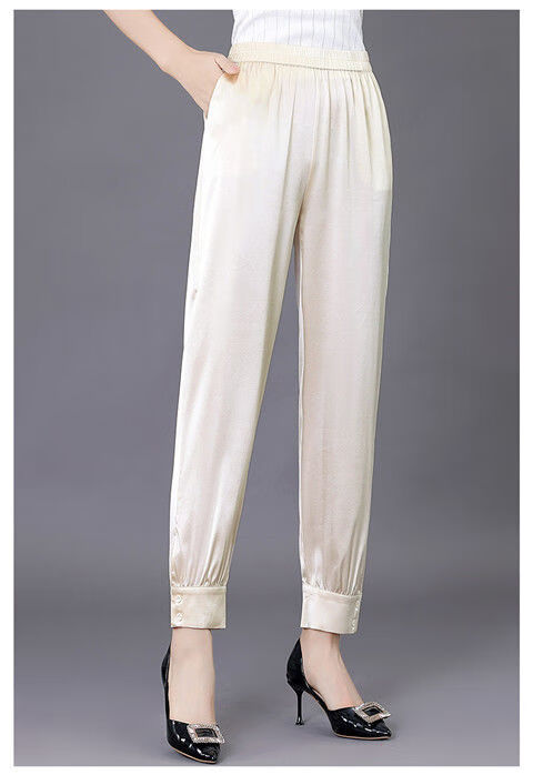 真丝裤子女桑蚕丝夏季薄款高档丝绸休闲裤50岁哈伦裤夏装女士 深