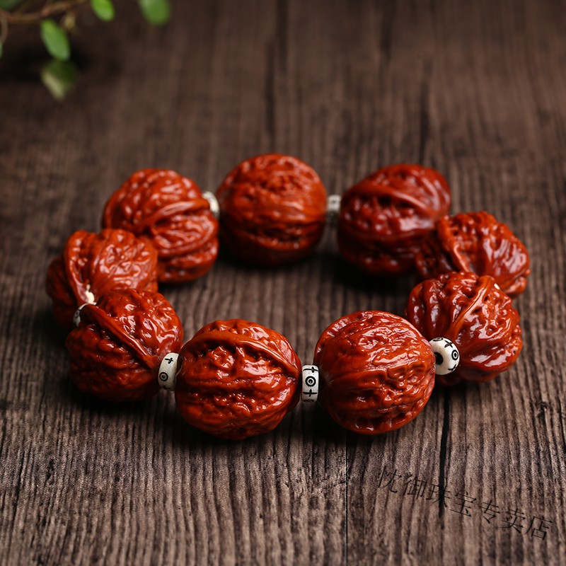 狮子头核桃文玩小核桃手串机刷包浆核桃玉化白狮子头牛骨龙柱款20mm