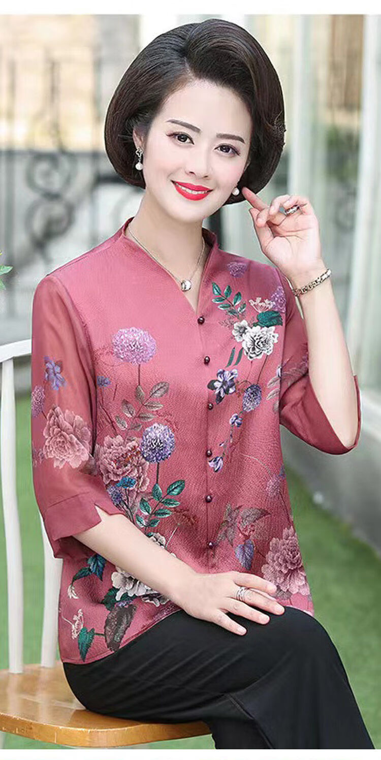 福太太中老年夏季服装洋气妈妈夏装真丝t恤大码桑蚕丝衬衫上衣女中
