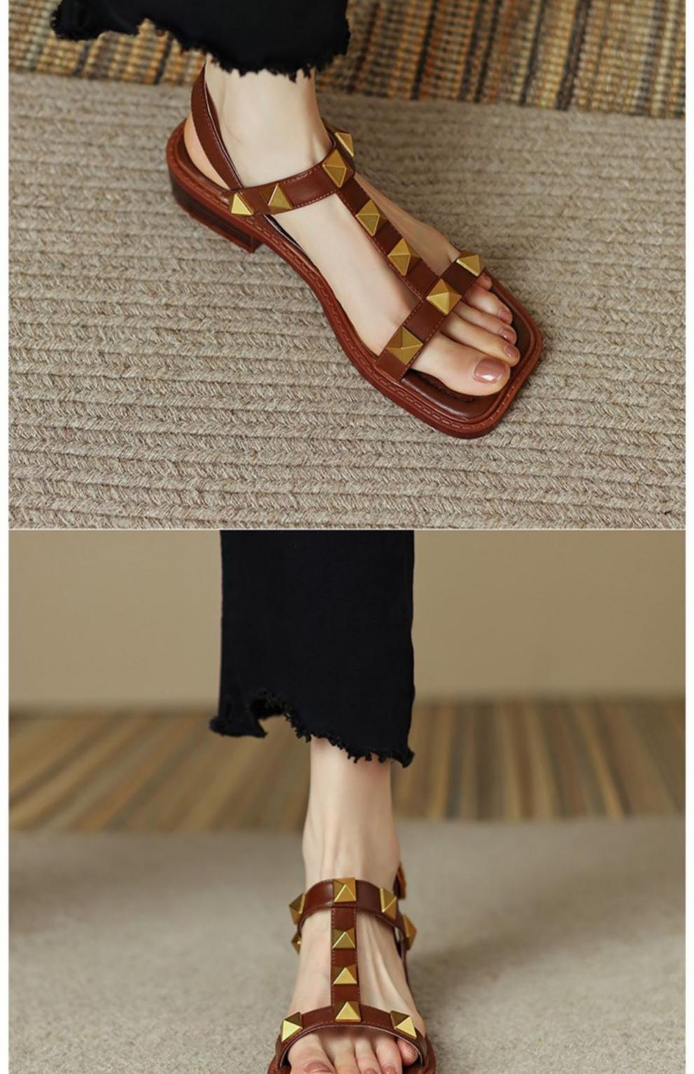 凉鞋女18岁大学生少女女生凉鞋小众复古罗马凉鞋女夏真皮柳钉软底平底