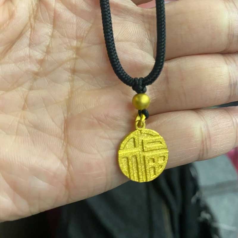 老凤凰款黄金小福牌吊坠女999足金3d硬金福牌项链女锁骨链手工编织