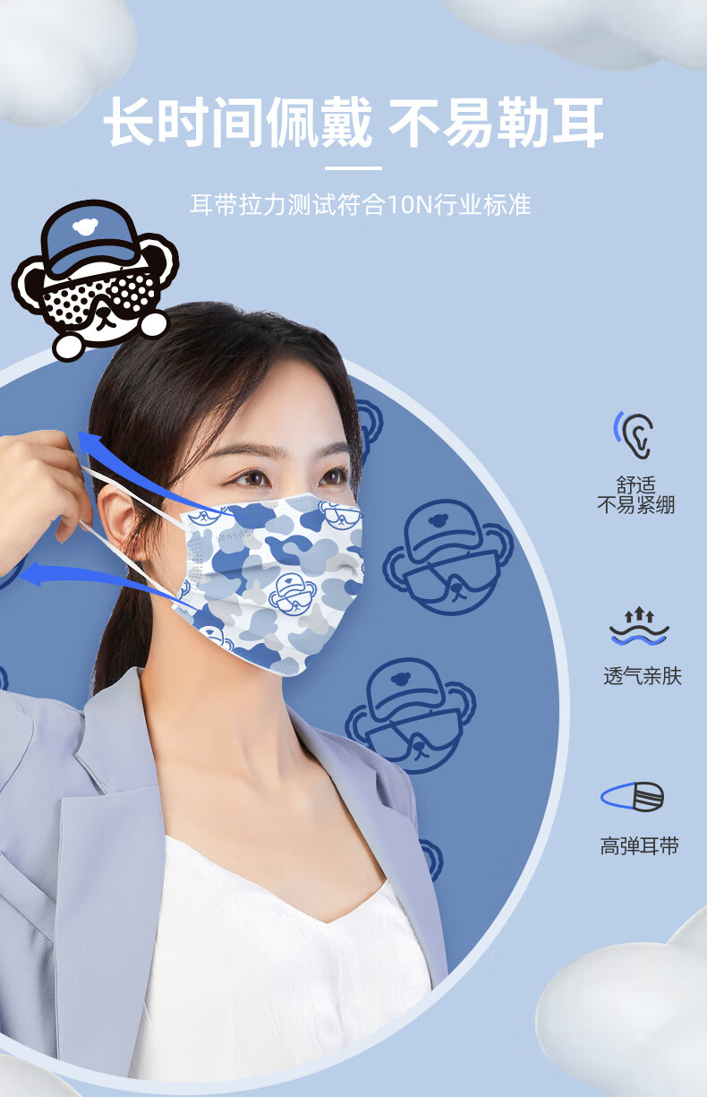 振德zhende泰迪联名款德美舒医用外科口罩男女无纺布内里口罩浅蓝泰迪