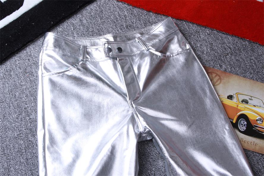 教官兵警皮裤银色修身男长裤pu皮裤男士青年韩版潮流个性亮面帅气机车